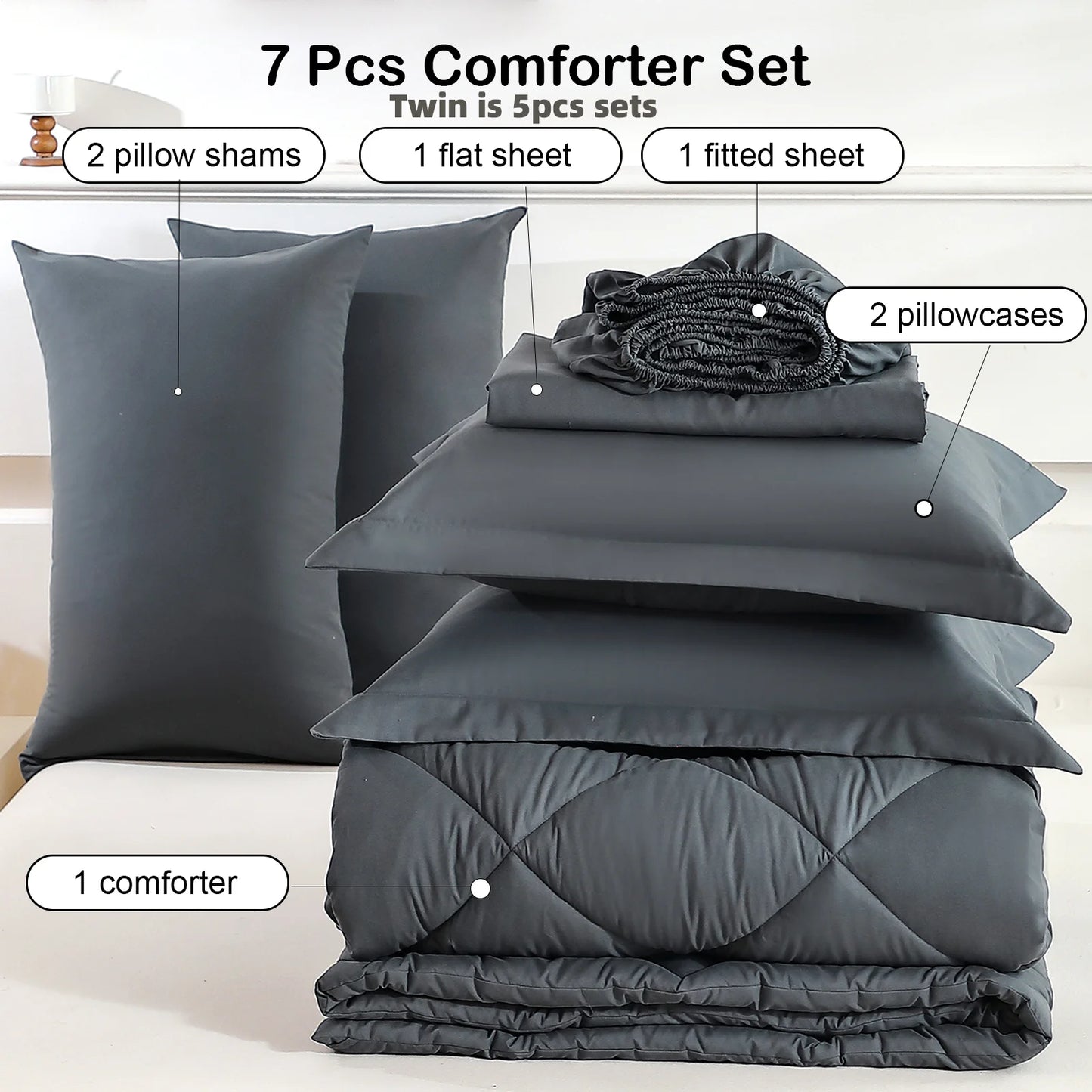 EasYum 7-Piece Bedding Set Comforter Flat Sheet Fitted Sheet Pillowcases