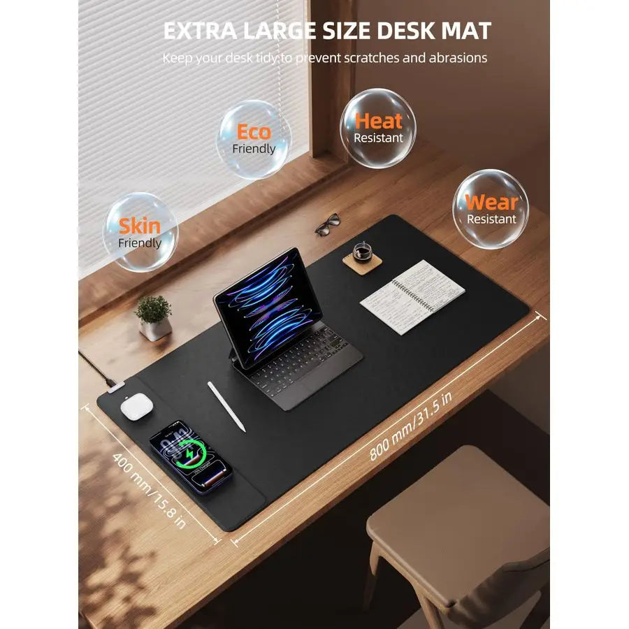 Leather Desk Mat With 15W Wireless Charging Waterproof Mouse Pad
