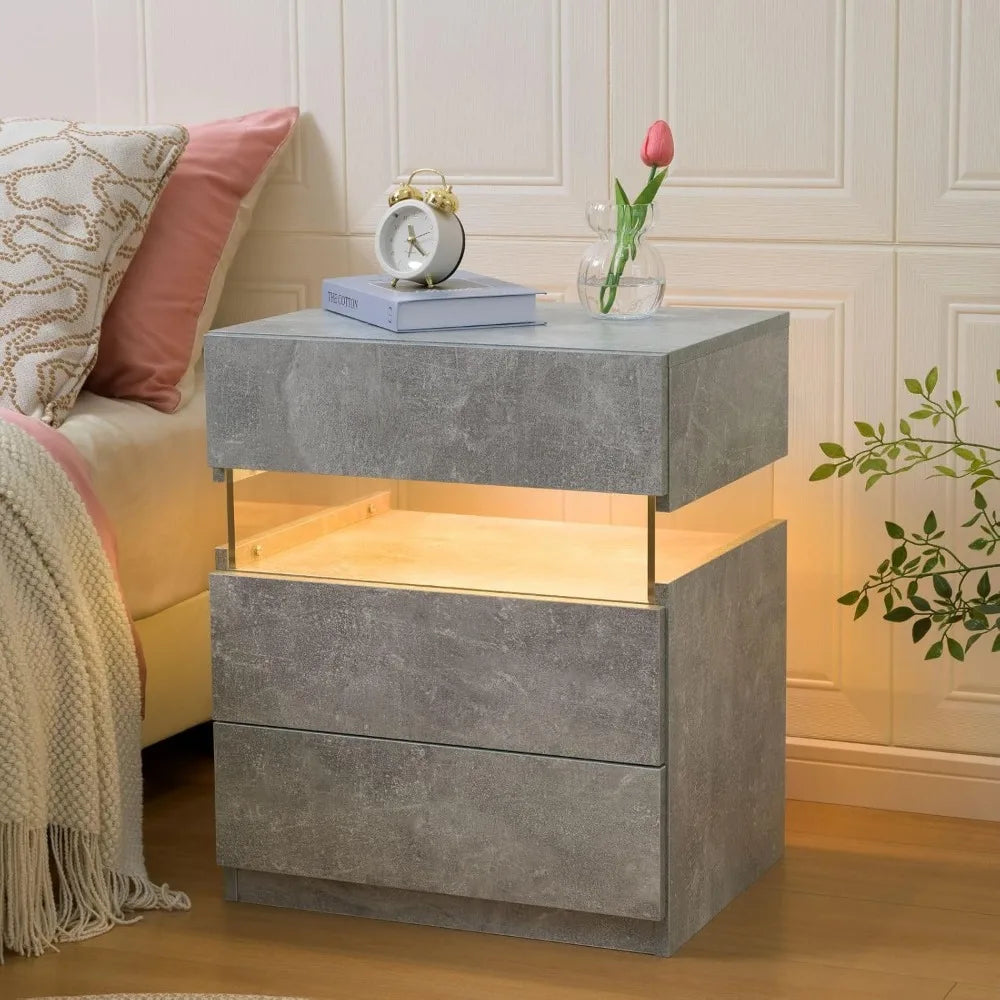 Modern LED Nightstand Set of 2 With 3 Drawers Storage