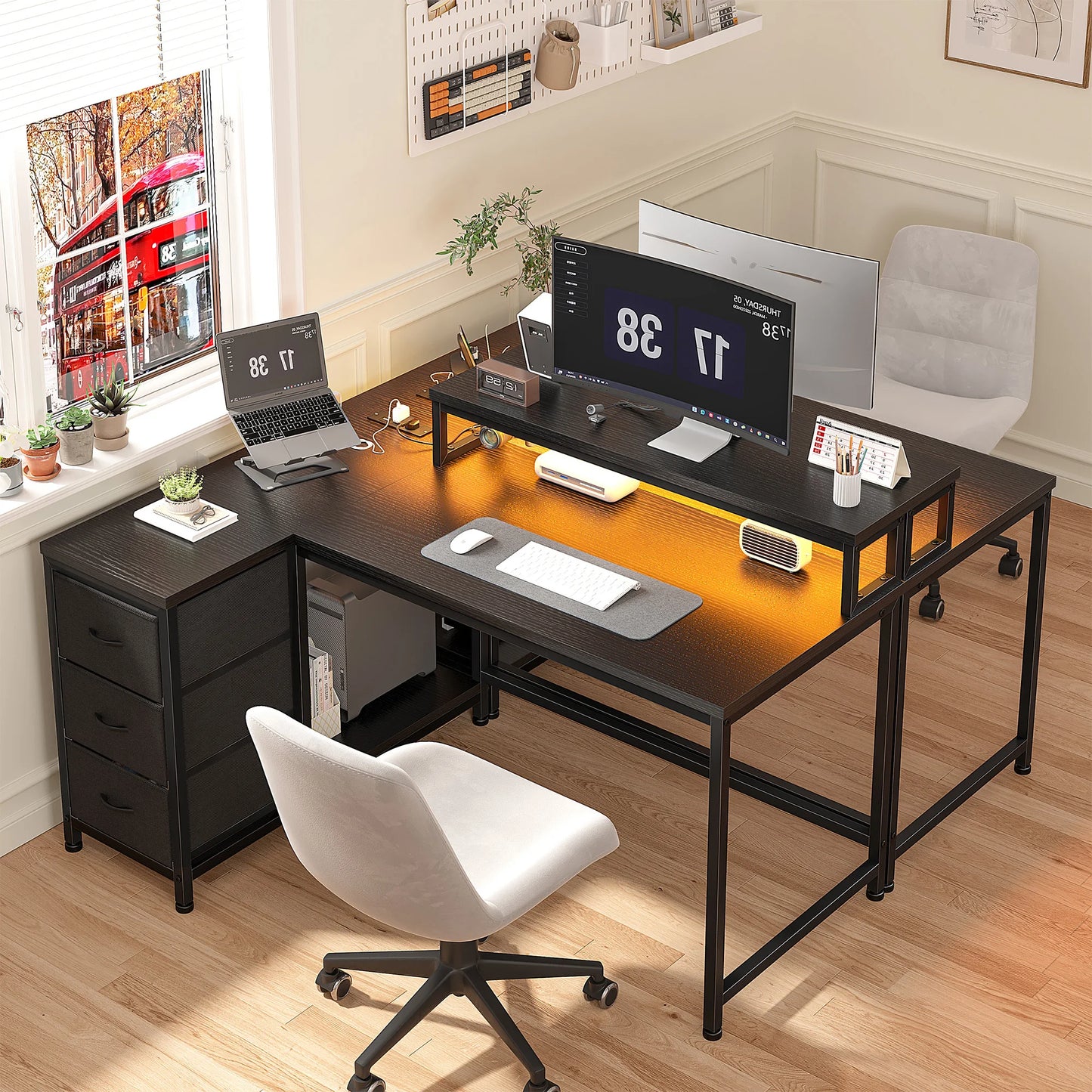 EnHomee L Shaped Computer Desk With LED Lights USB Outlet