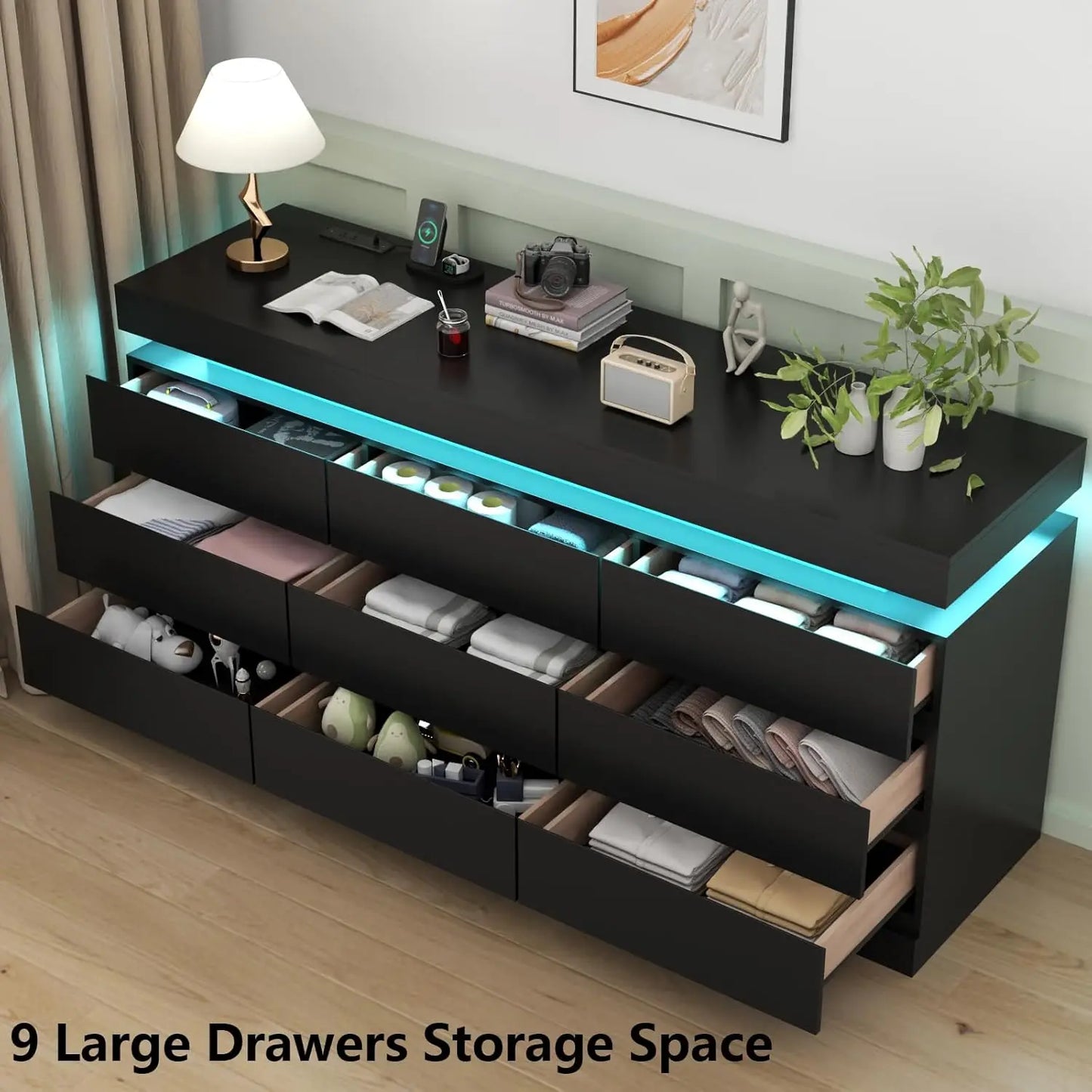 XMSJ 9-Drawer Dresser With Power Outlet And LED Light