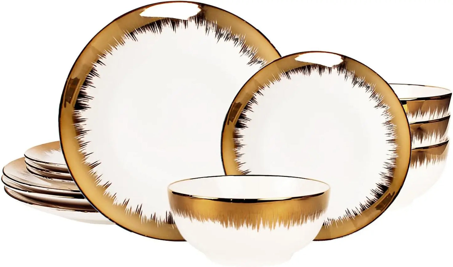 Dinnerware Sets(12Pcs) Serves for 4, Modern Dinnerware, Gilded Edge Plates and Bowls Set with 8.3"Small Plate 10.2"dinne