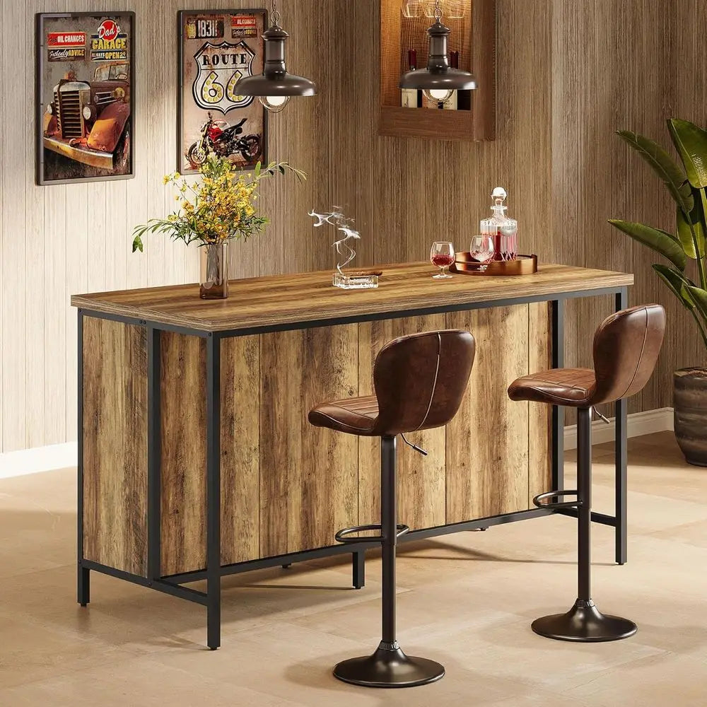 LZJV Industrial Rustic Wood Bar Table With Two Tier Shelves