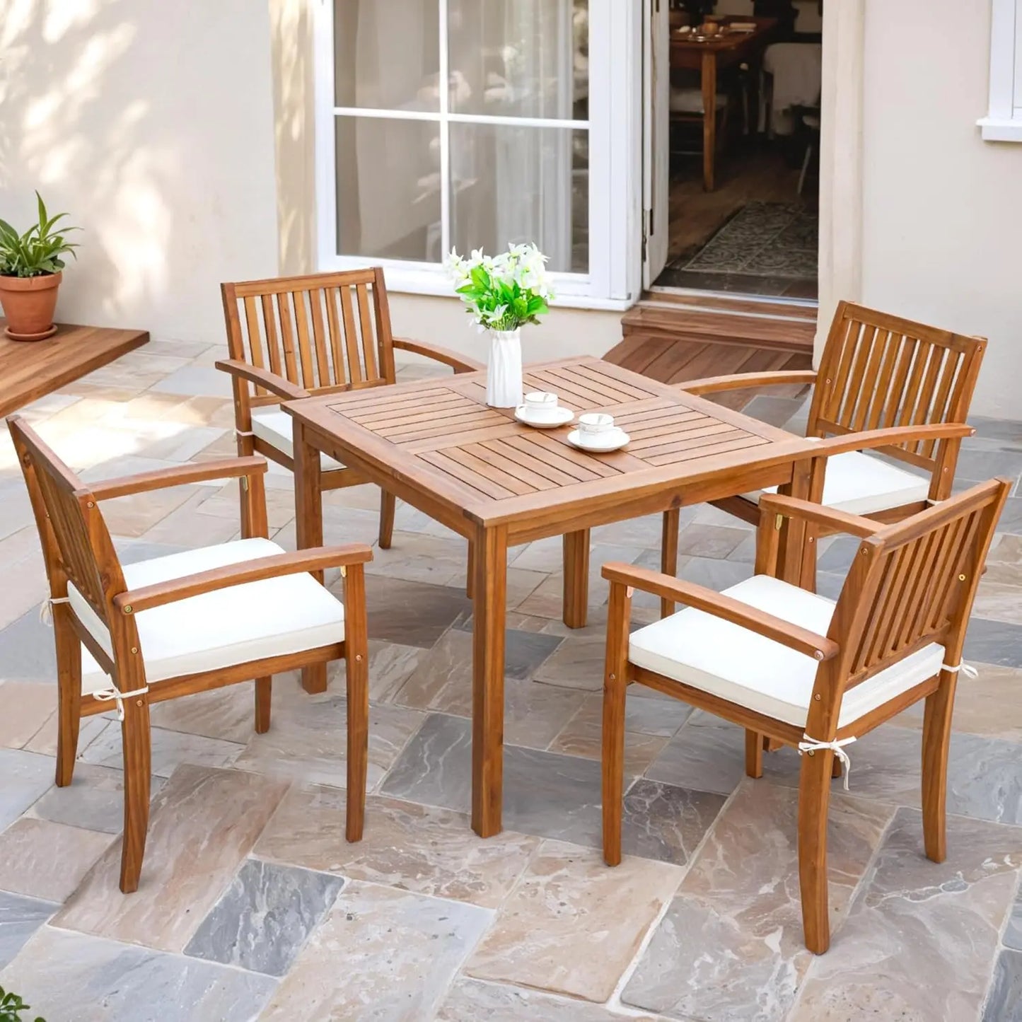 Acacia Wood Outdoor Dining Set Five Piece Cushioned Chairs