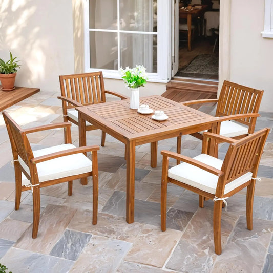 Acacia Wood Outdoor Dining Set Five Piece Cushioned Chairs