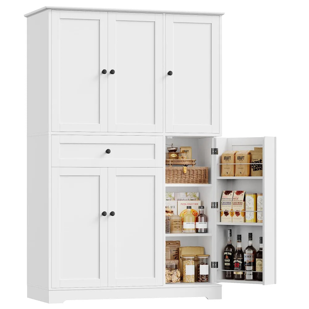 HOSTACK 68" Tall Kitchen Pantry Cabinet,Modern Hutch with Doors Shelves & Large Drawer,Food Storage for Dining Living Room,White