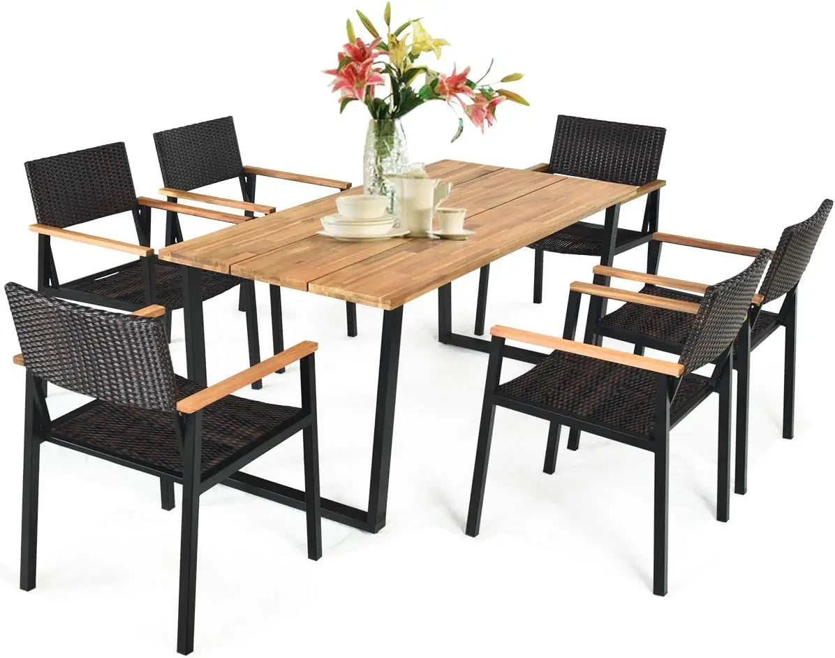 Outdoor Dining Set With Acacia Wood Table And Rattan Chairs