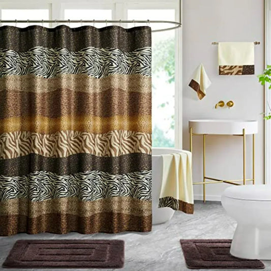 Leopard Print Bath Rug And Shower Curtain Set Non Slip