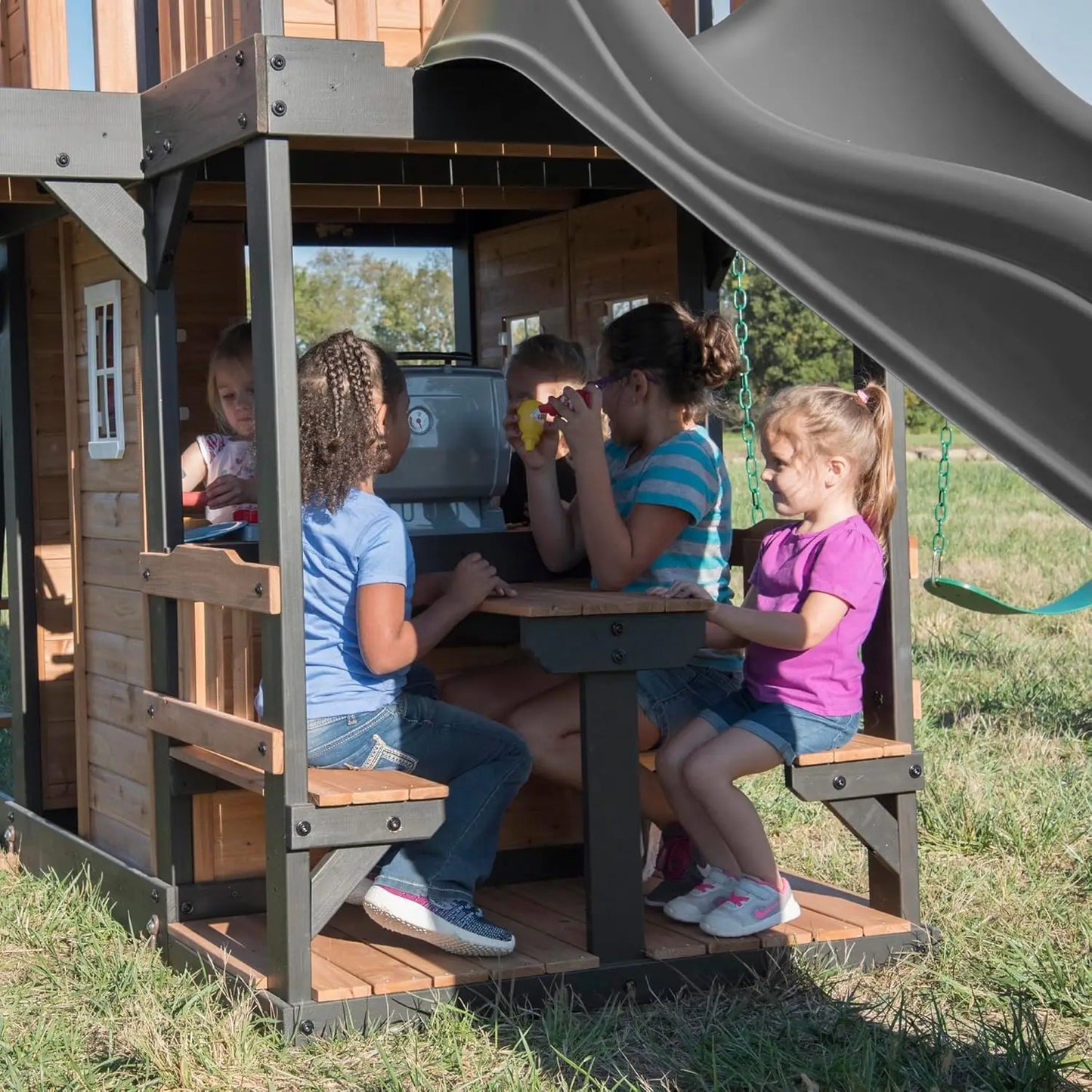 Cedar Wood Swing Set With Wave Slide and Play Kitchen