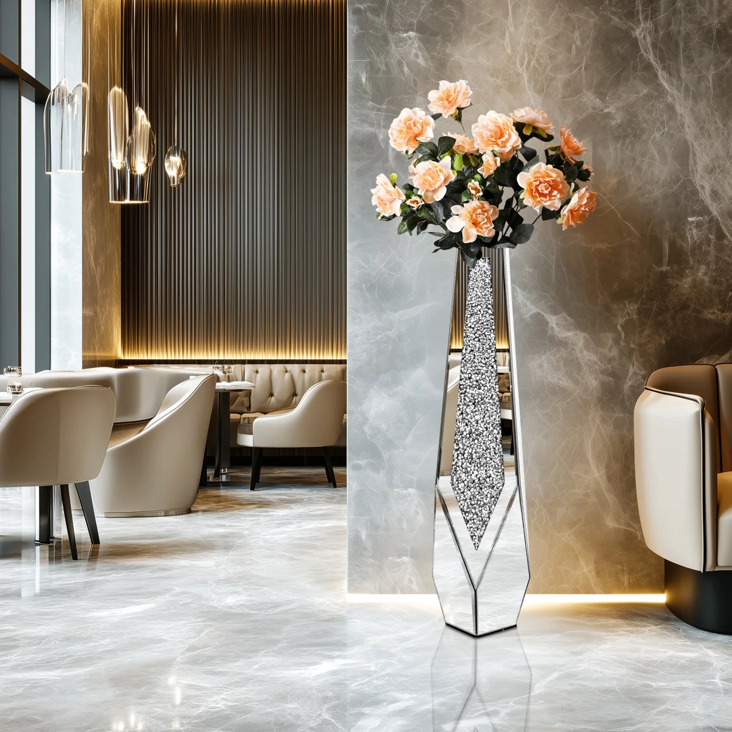 Crushed Diamond Mirrored Floor Vase Glass For Pampas Grass