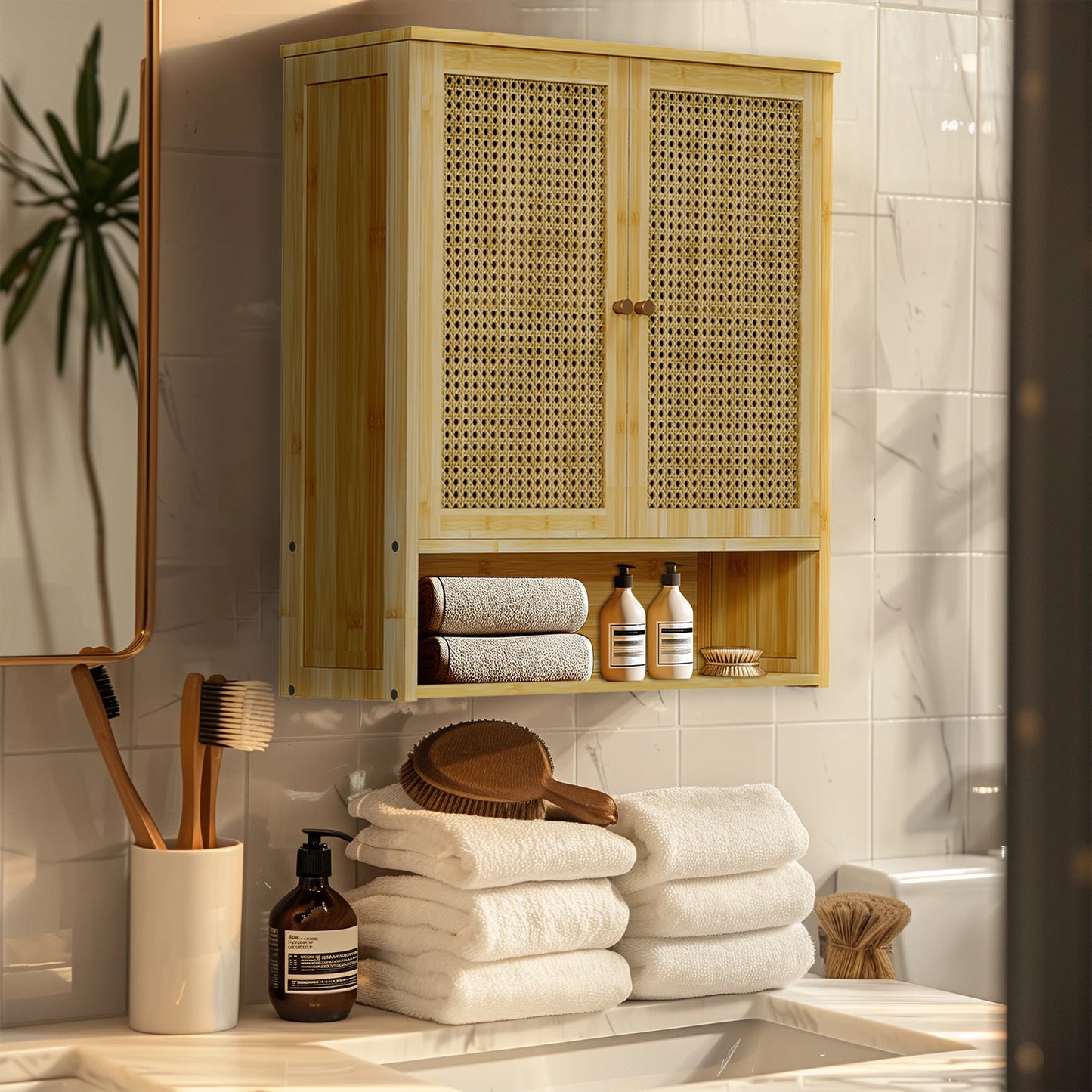 Wisfor Bamboo Wall Mounted Bathroom Cabinet Storage Organizer Medicine Cabinet