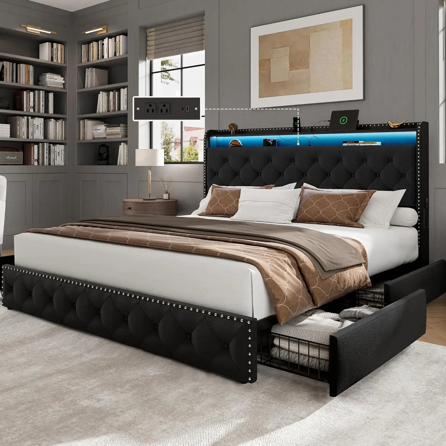 Platform Upholstered Tufted Bed Frame With 4 Storage Drawers And USB