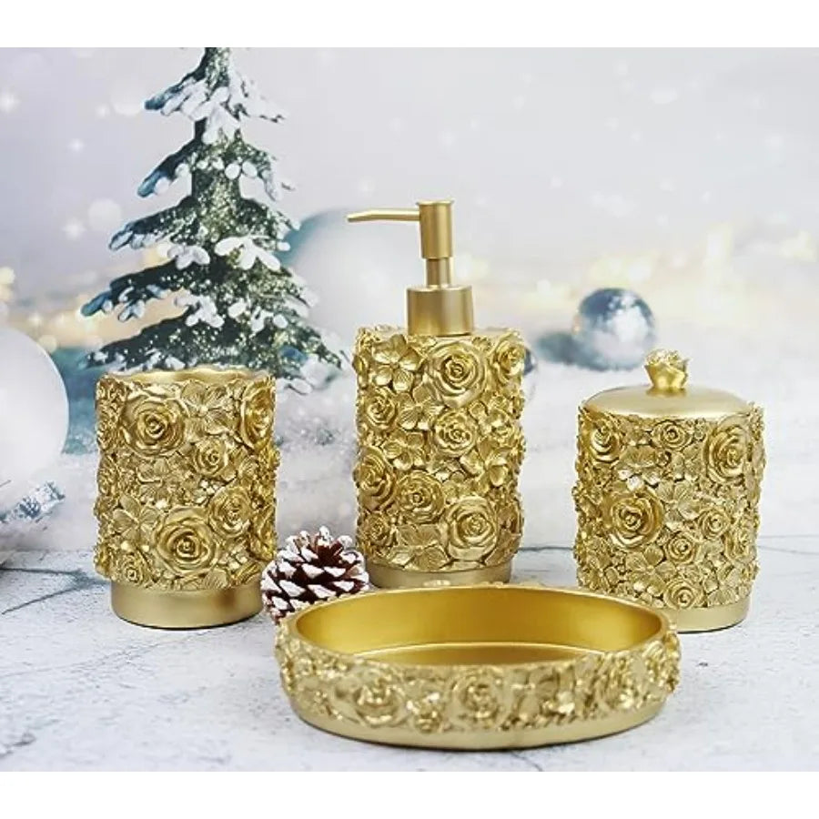 Rose Design Resin Bathroom Accessories Set Four Piece Farmhouse Style