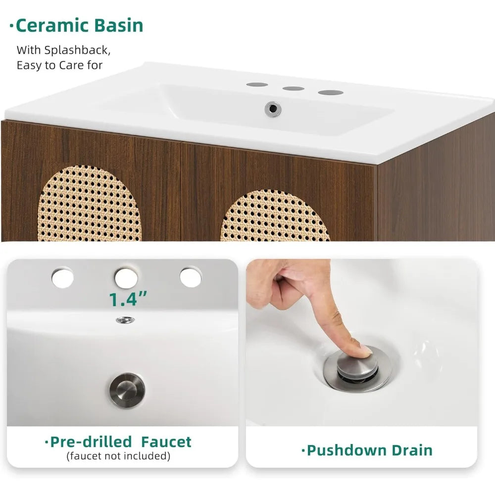 TIFICY Rattan Bathroom Vanity With Sink Freestanding Cabinet