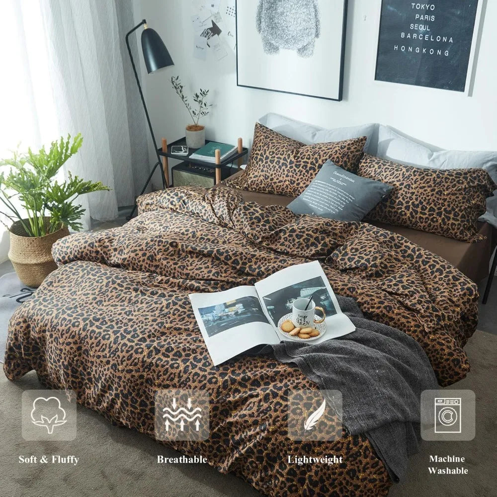 Leopard Print Comforter Set King-3 Pieces Animal Cheetah Printed Comforter Sexy Soft Fluffy Brown/Black Floral Print Bed