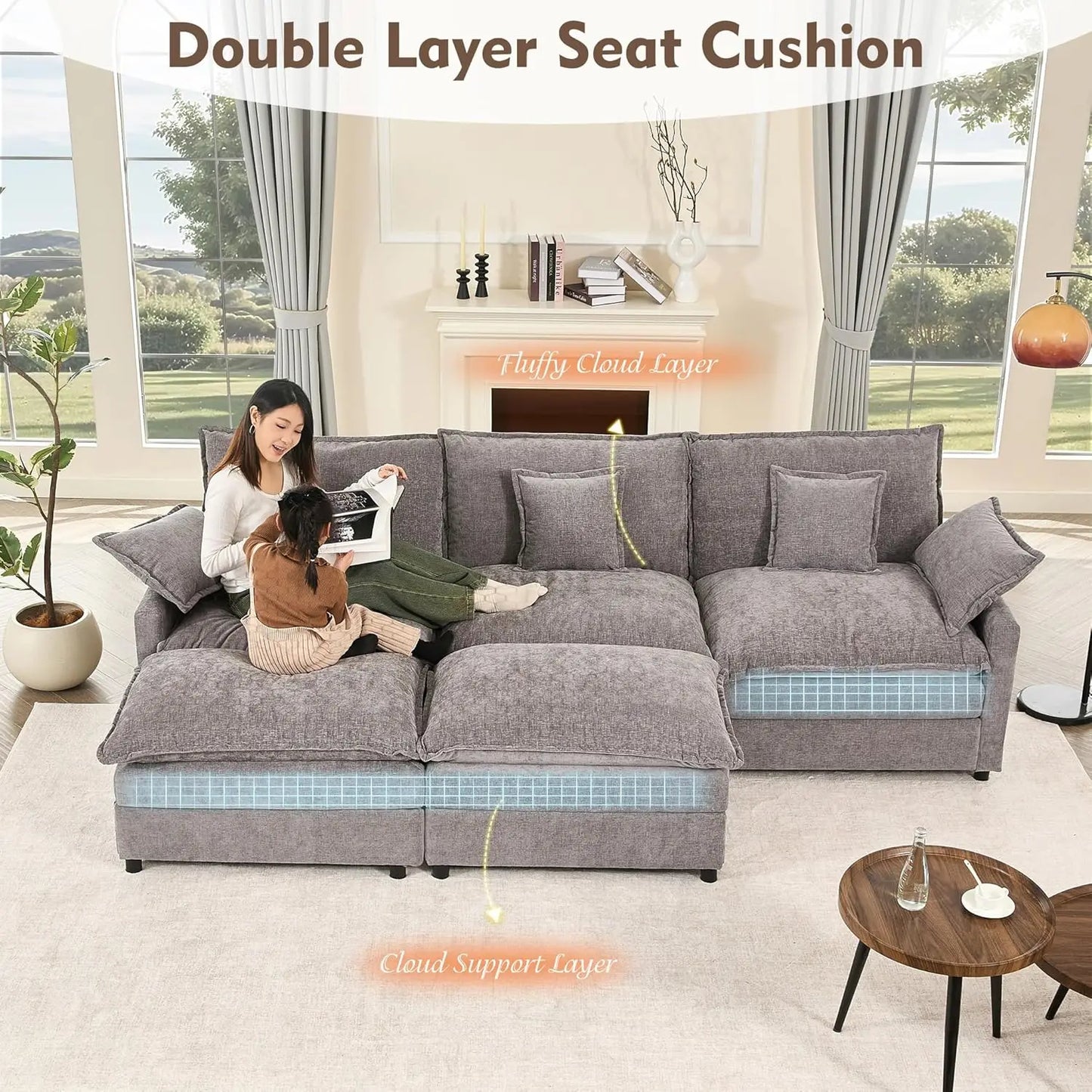 Modular U Shaped Sectional Sofa With Movable Ottoman