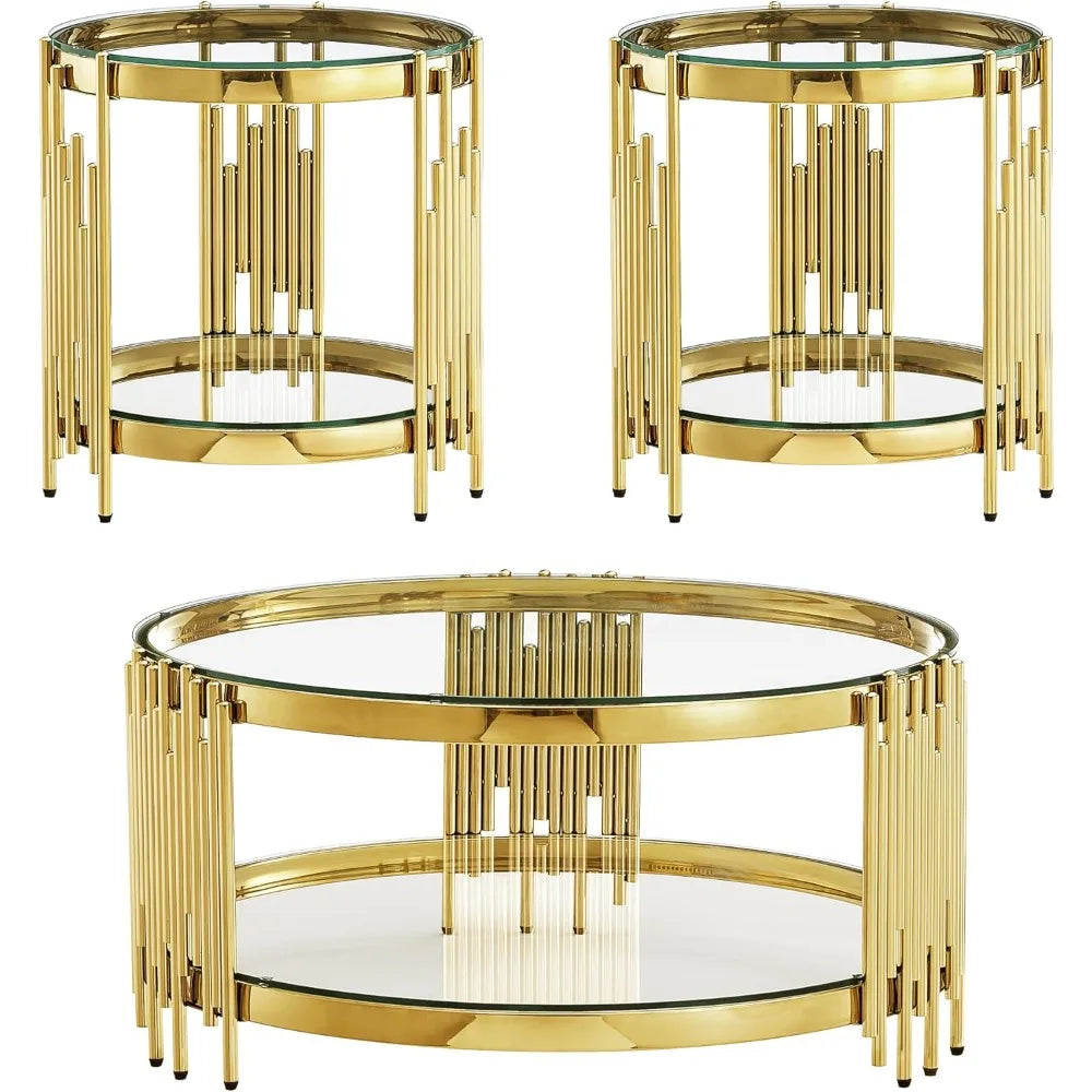 MKDK 3-Piece Glass Coffee Table Set and End Tables