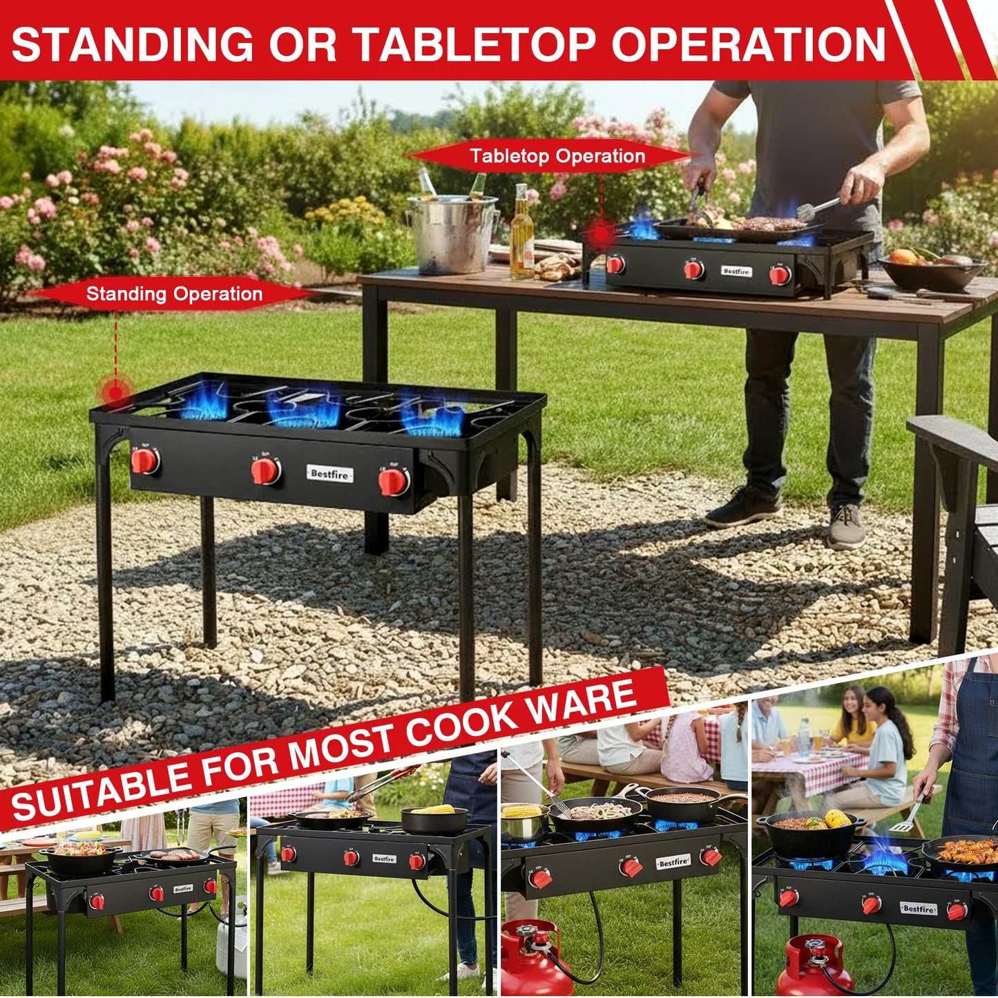 3 Burner Propane Camping Stove High Power Outdoor Gas Burner Cooker with Removable Legs Adjustable Regulator for BBQ Catering