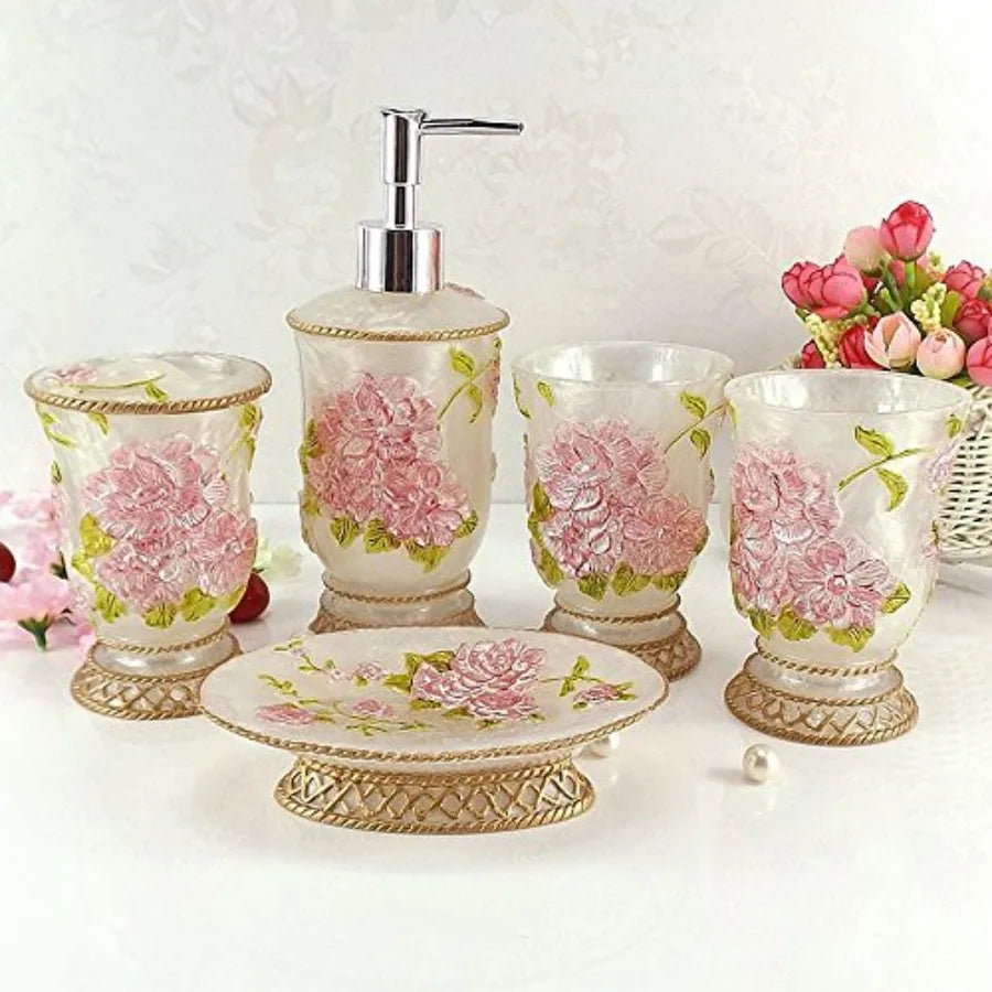 Vintage Gold Finish 5 Piece Bathroom Set Soap Dispenser Holder
