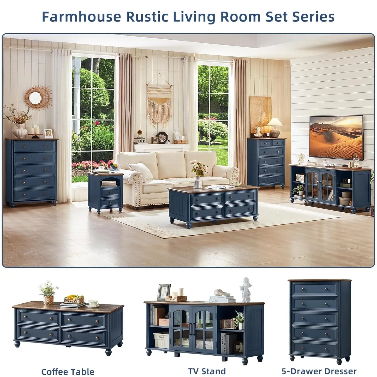 HUANZHUANG Farmhouse Coffee Table With Hidden Storage And 4 Drawers Solid Wood