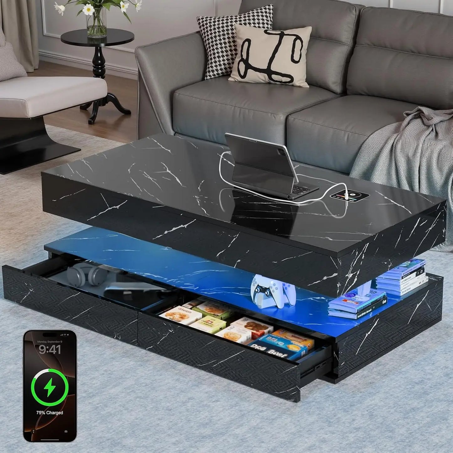 Modern Coffee Table With Wireless Charging, Bluetooth Speaker, Storage Drawers
