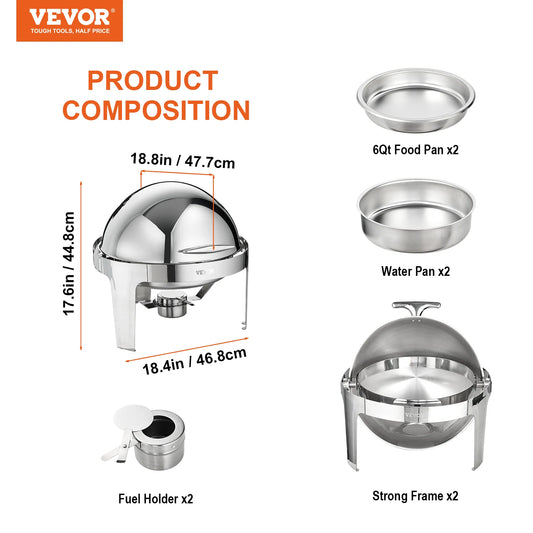 SucceBuy Roll Top Chafing Dish Buffet Set 6 Qt 2 Pack Stainless Steel Chafer with 2 Full Size Pans Round Catering Warmer Server