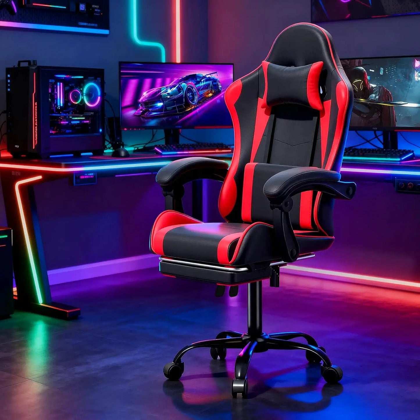 Ergonomic Gaming Chair With Height Adjustable Headrest And Footrest