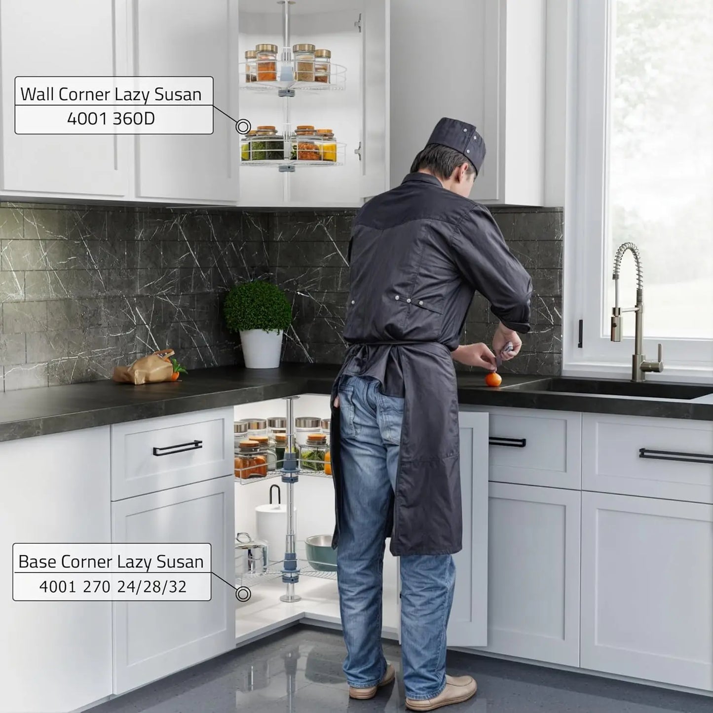 Cabinet Kidney Shape Dia.28 270° Lazy Susan, 2 Shelves, Kitchen Base Corner Cabinet Organizer (Chrome 4001 270 28)