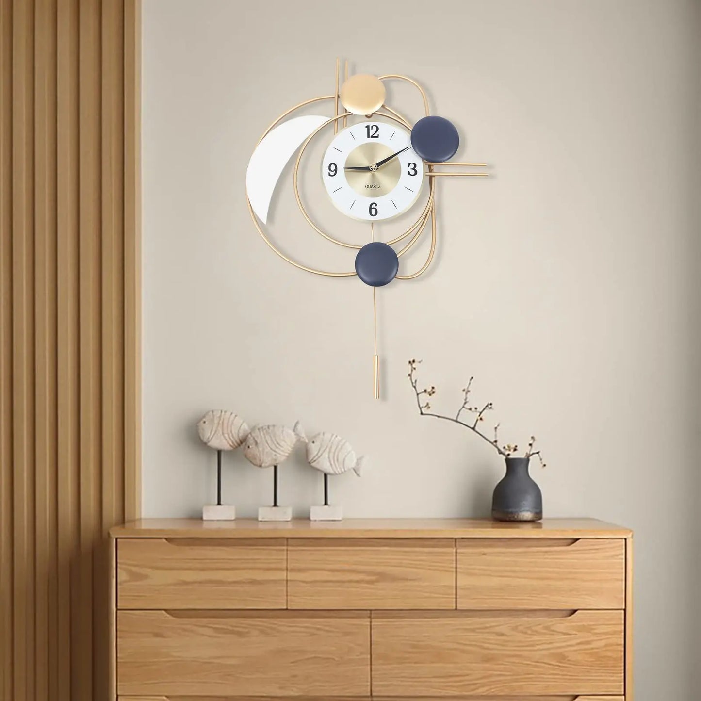 Modern Metal Wall Clock With Silent Quartz Movement And Swing Pendulum