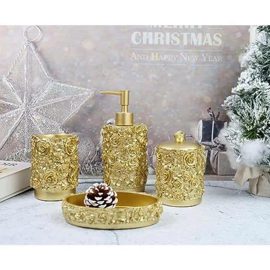 Rose Design Resin Bathroom Accessories Set Four Piece Farmhouse Style