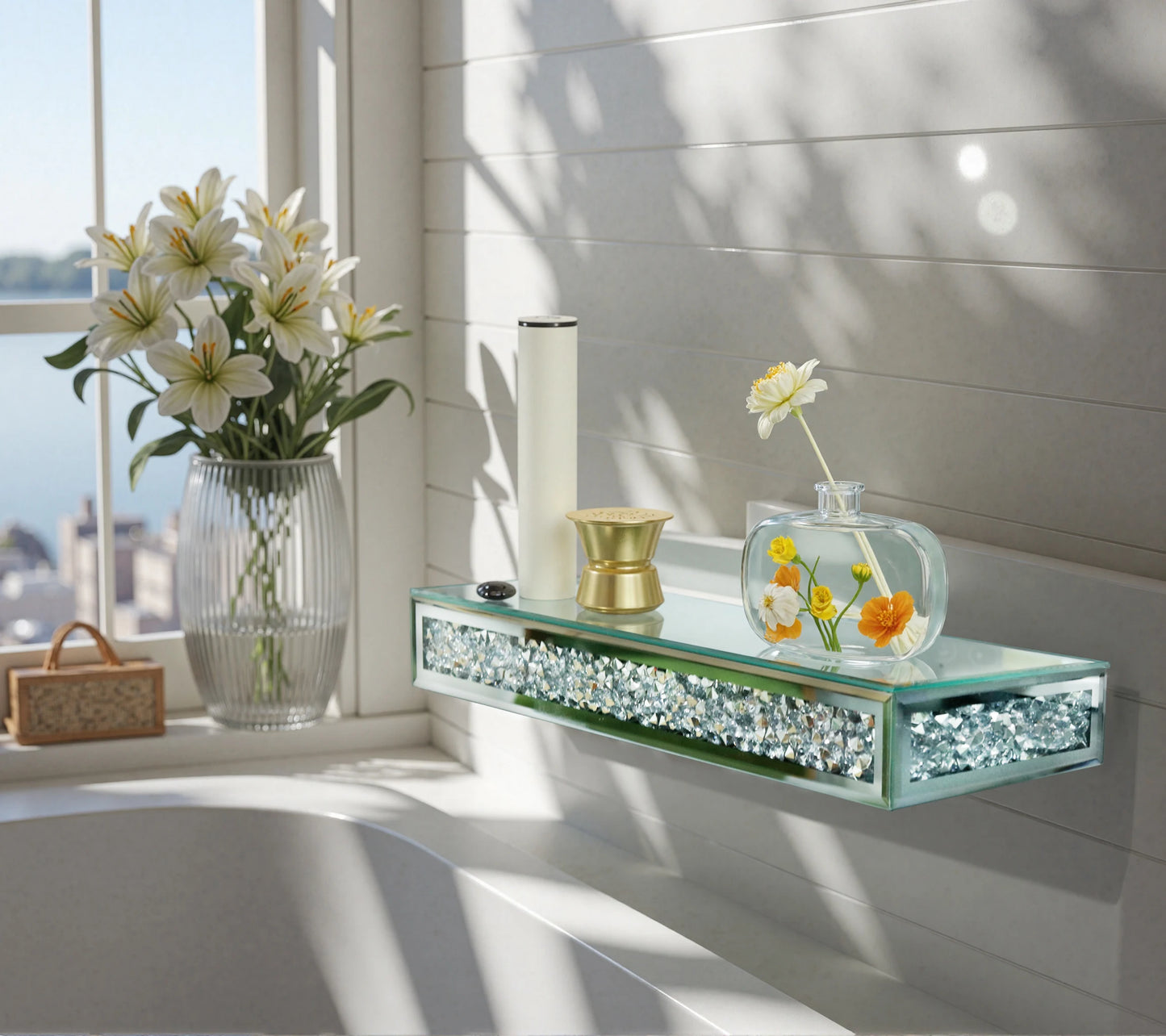 Crushed Diamond Wall Mounted Floating Shelf Mirrored Display Home Decor