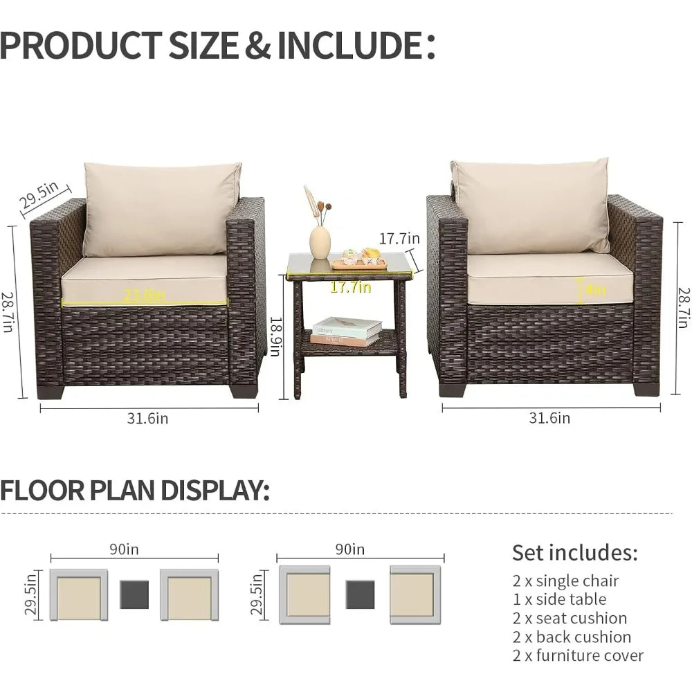 Outdoor Patio Furniture Set Glass End Table And Two Chairs