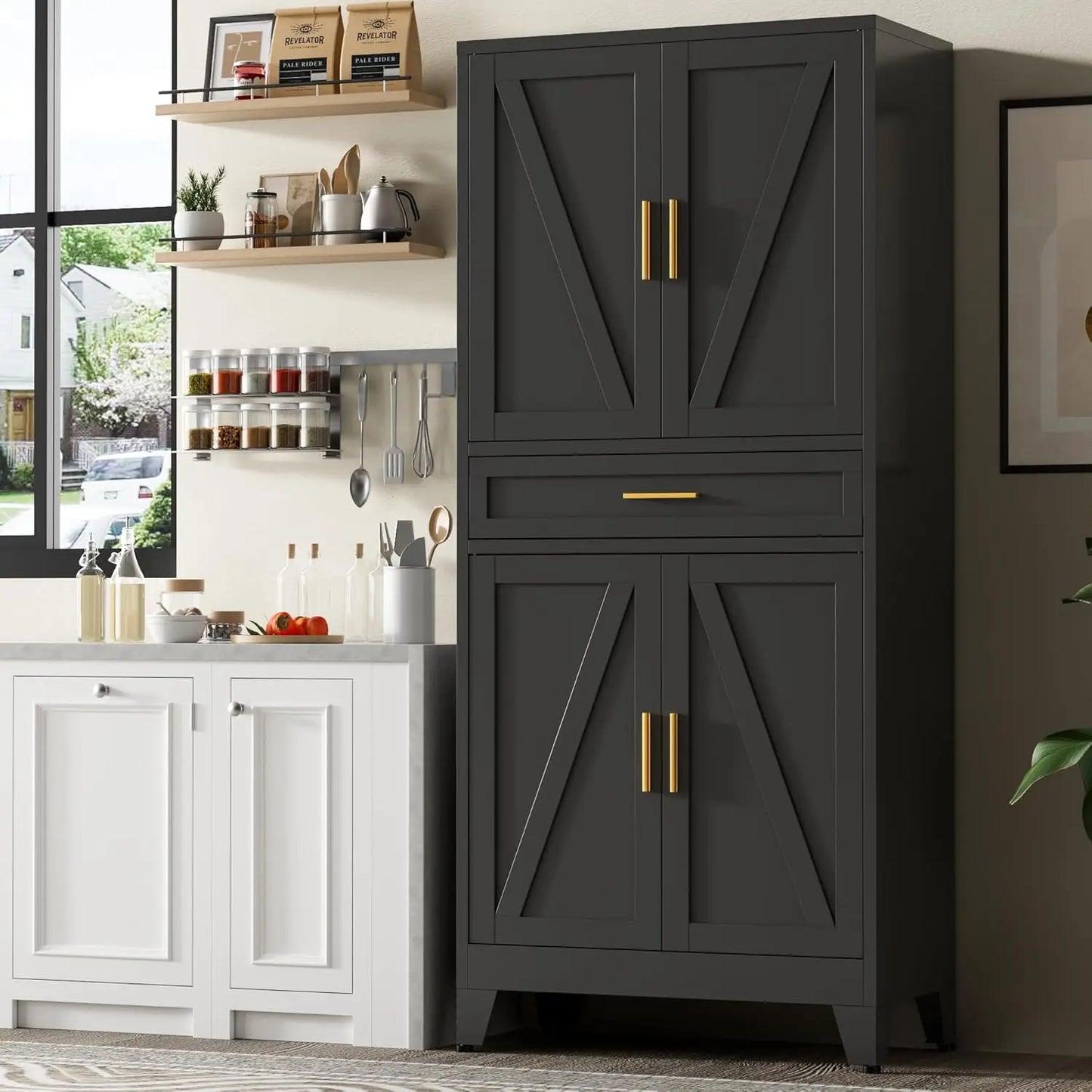 Farmhouse Metal Storage Cabinet With Drawers And Adjustable Shelves