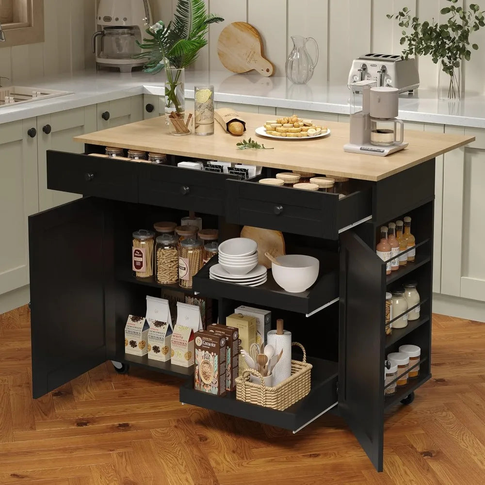 Rolling Kitchen Island Cart with Power Outlet & Drop Leaf, Kitchen Storage Cabinet On Wheels with 3 Drawers, Spice Rack & Towel