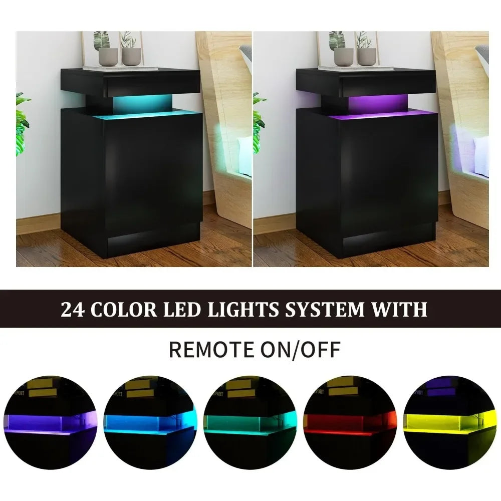 Nightstand Set of 2 with LED Lights and Storage Cabinet