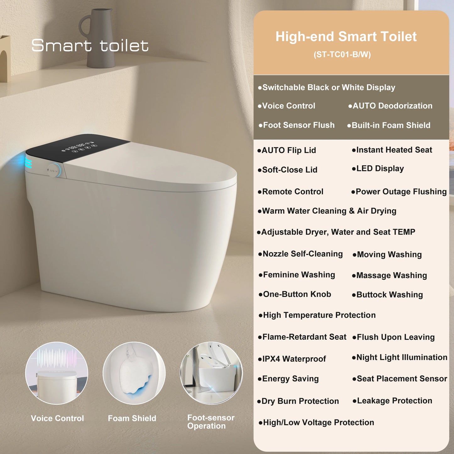 Smart Bidet Toilet Auto Dual Flush OnePiece With Warm Water
