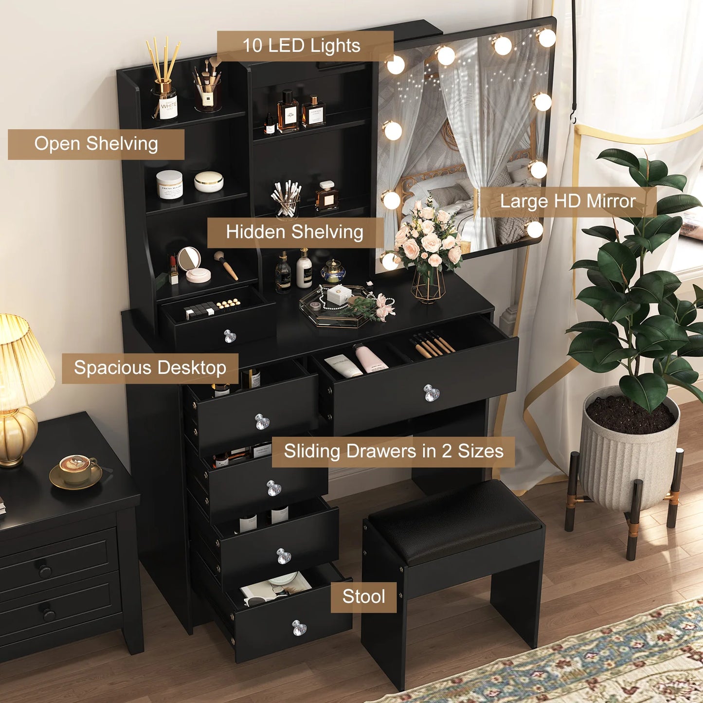Yamissi Dressing Table Makeup Desk With Stool And LED Mirror