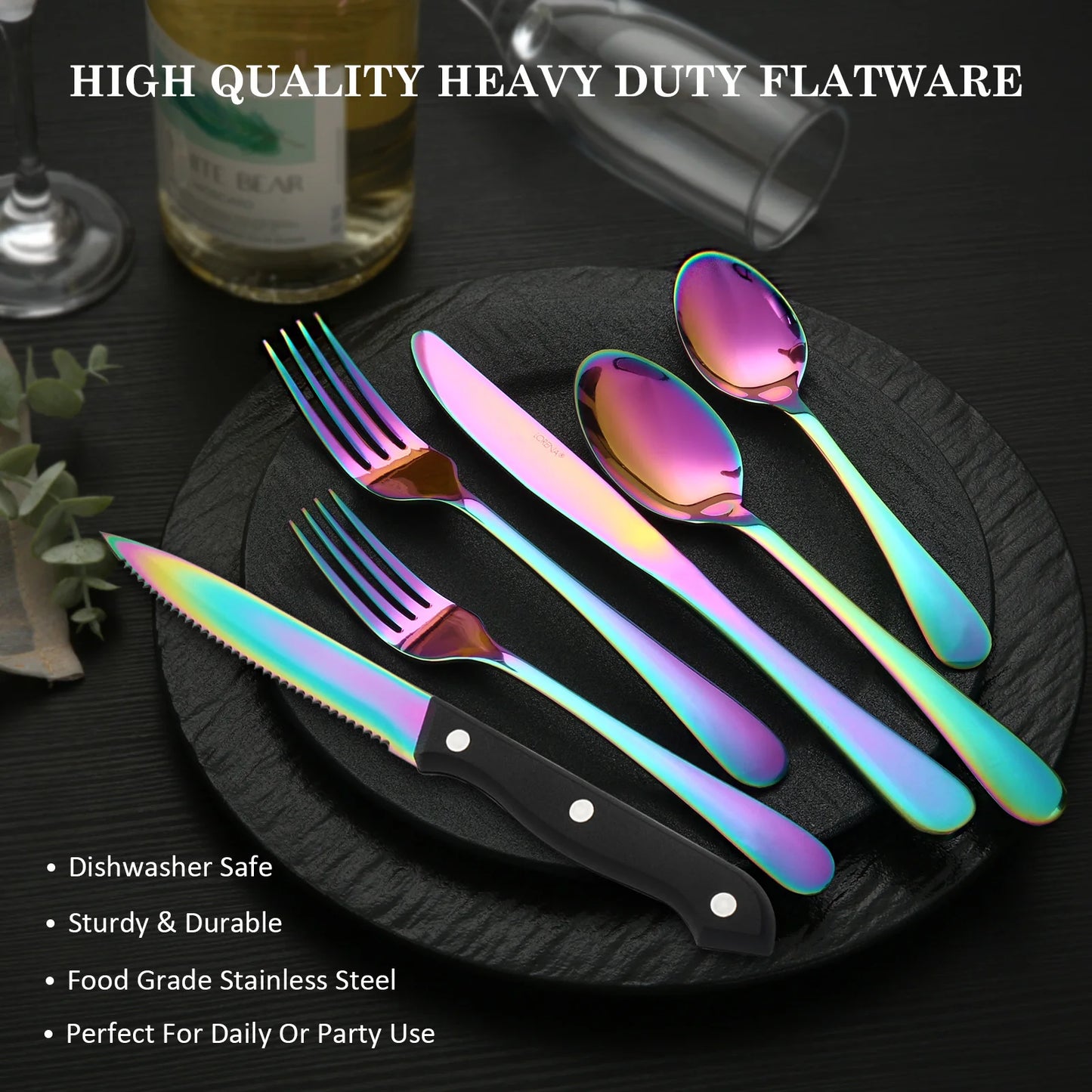 KOOMADE 24Pcs Rainbow Iridescent Titanium Plated Stainless Steel Flatware Set Service for 4, Silverware With Steak Knives Forks Spoons Dishwasher Safe for Home Wedding Gift