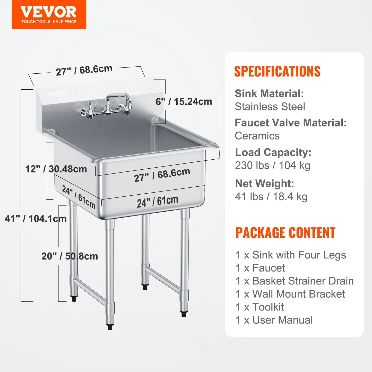 Stainless Steel Kitchen Prep And Utility Sink With Faucet Commercial