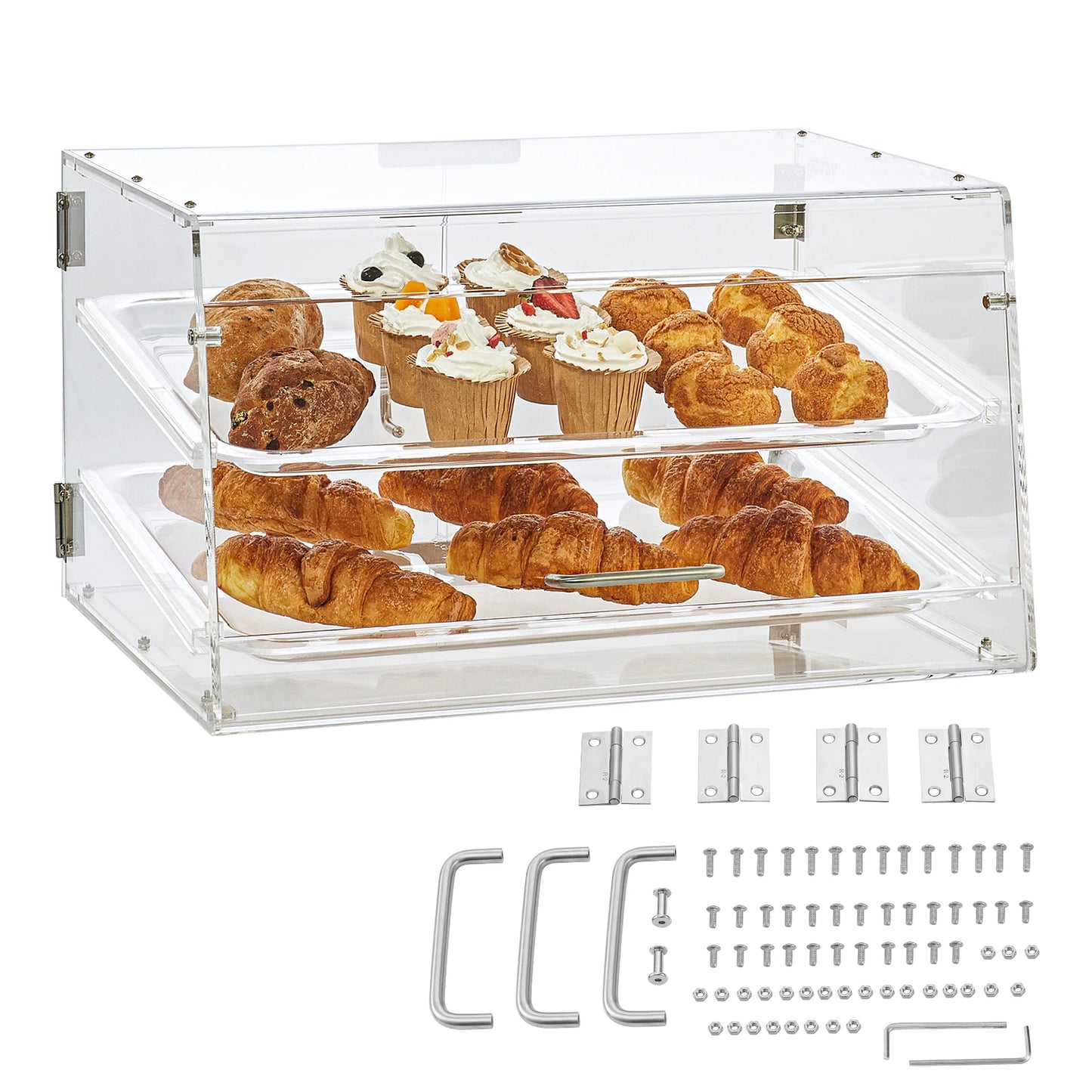 SucceBuy 2 Tray Clear Pastry Display Case Acrylic Commercial Countertop Bakery Display Case with Front and Rear Door for Bread