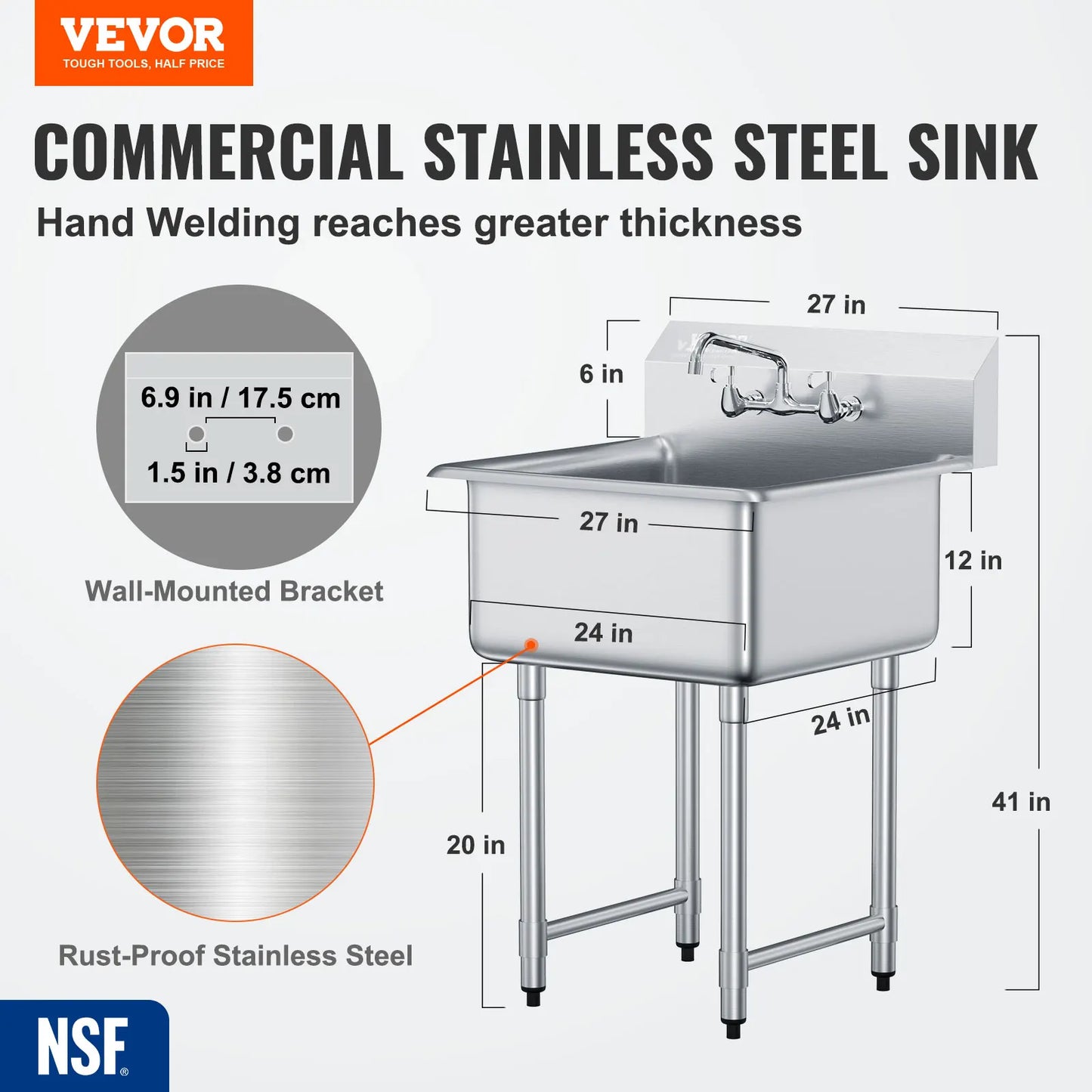Stainless Steel Kitchen Prep And Utility Sink With Faucet Commercial