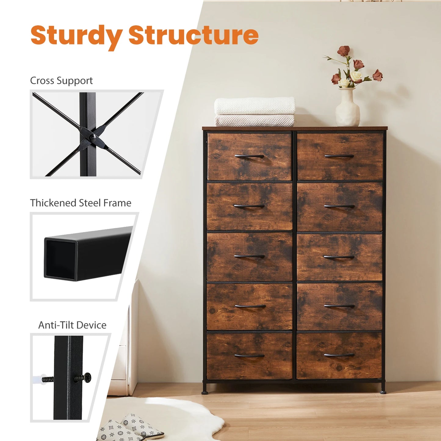 JHK Bedside Table With 10 Fabric Drawers And Steel Frame