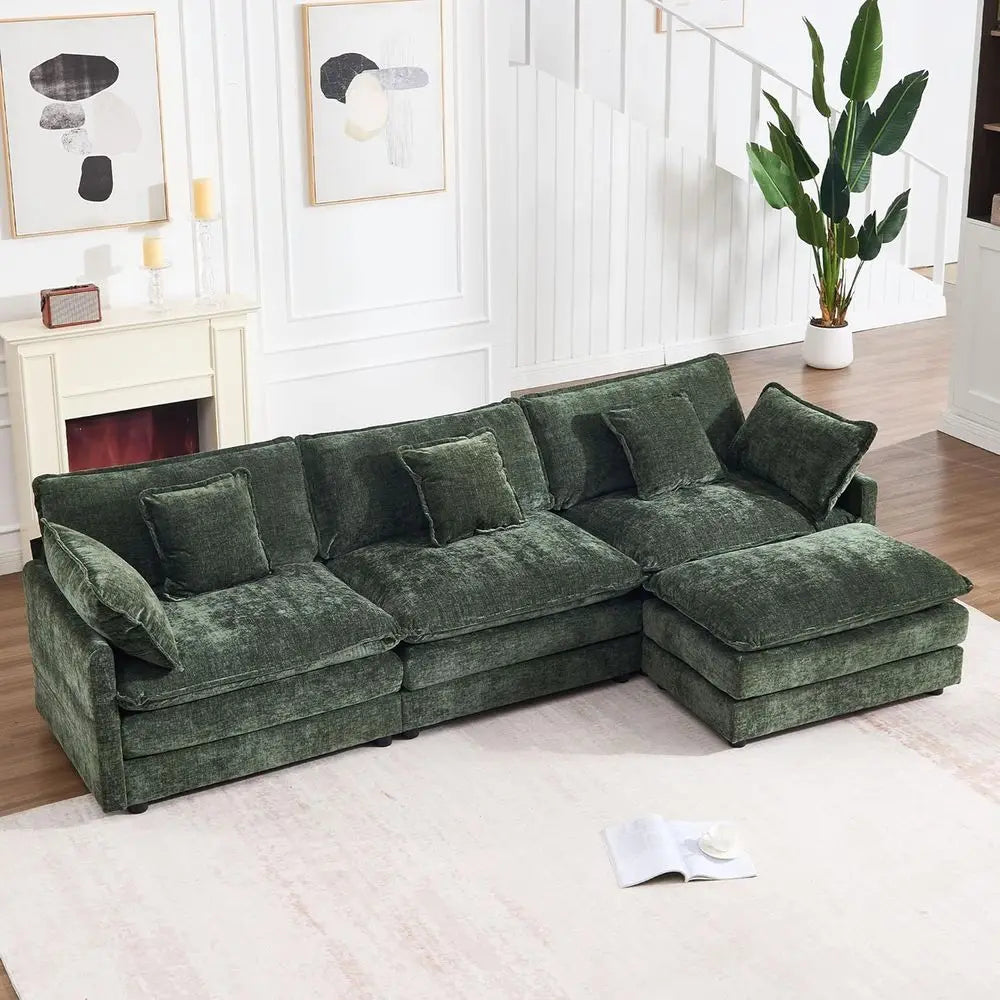 Chenille Cloud Couch With Movable Ottoman L Shaped Sectional Sofa