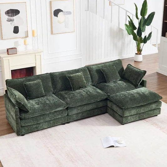 Chenille Cloud Couch With Movable Ottoman L Shaped Sectional Sofa