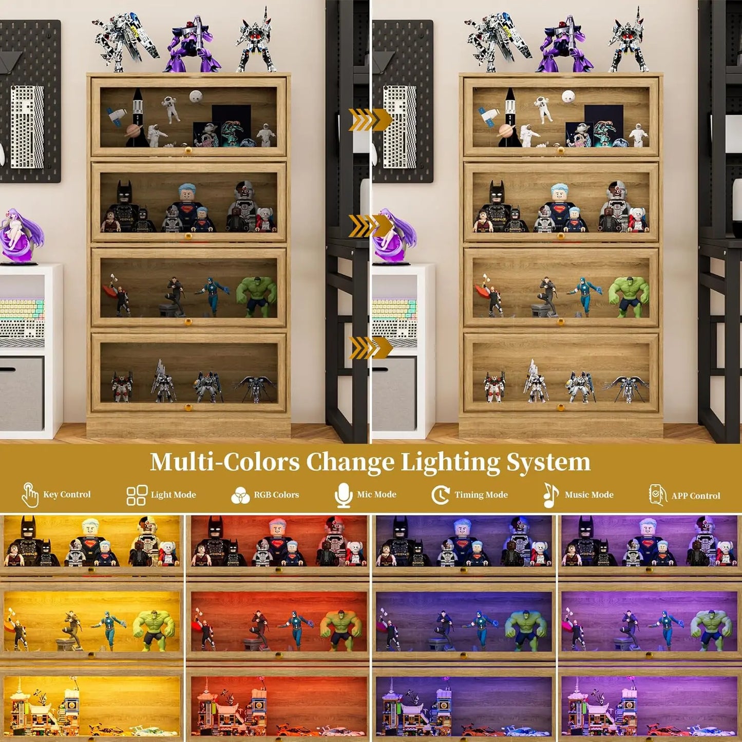 ZHILU Acrylic Glass Doors Display Cabinet 4 Tier Led Curio For Collectibles