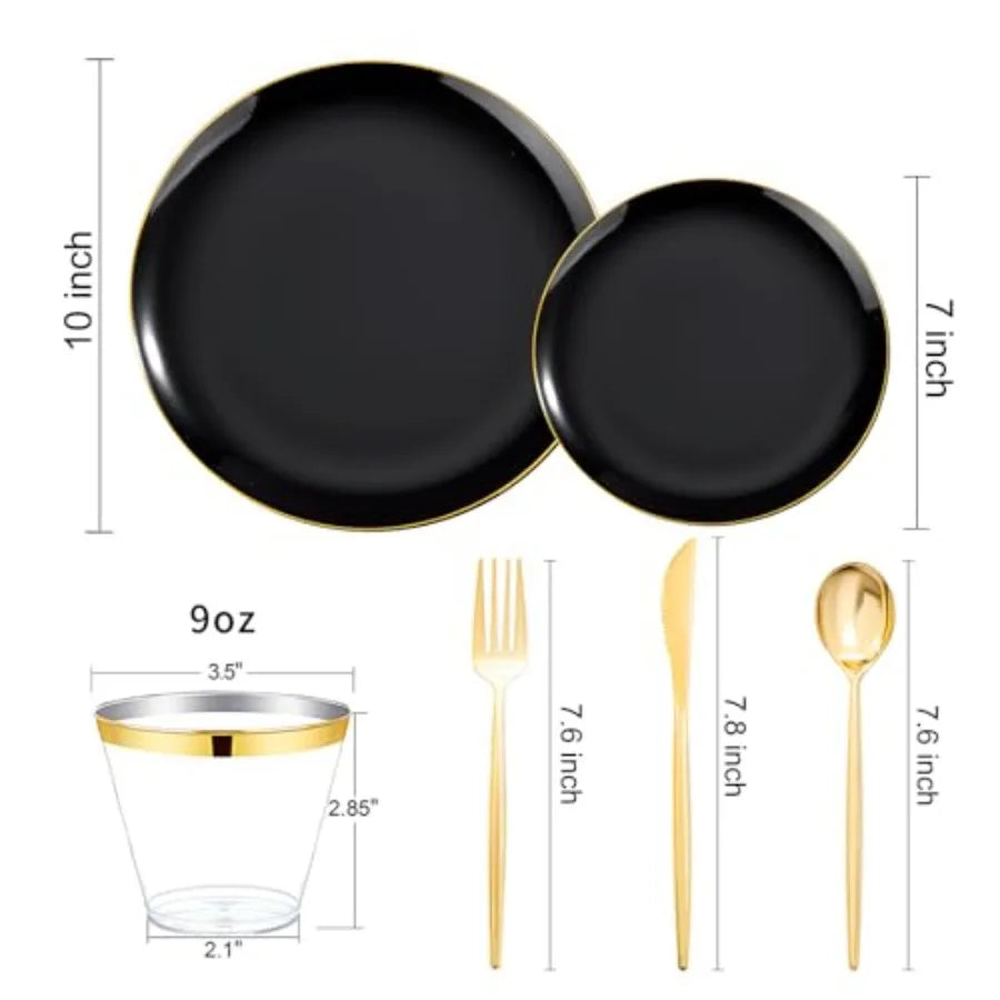150PCS Black and Gold Plastic Plates - Black Gold Plastic Dinnerware Set Disposable - Include 25 Dinner/ 25 Dessert Plates, 25
