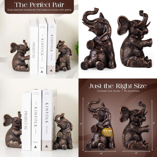 Decorative Elephant Bookends With Non-Slip Padding For Shelves