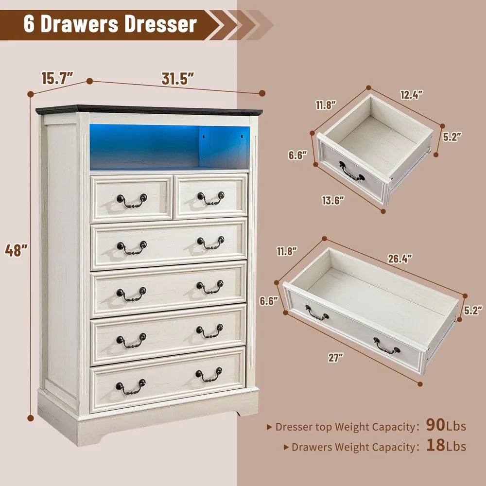 TIFICY Dresser With Charging Station And LED Light Six-Drawer