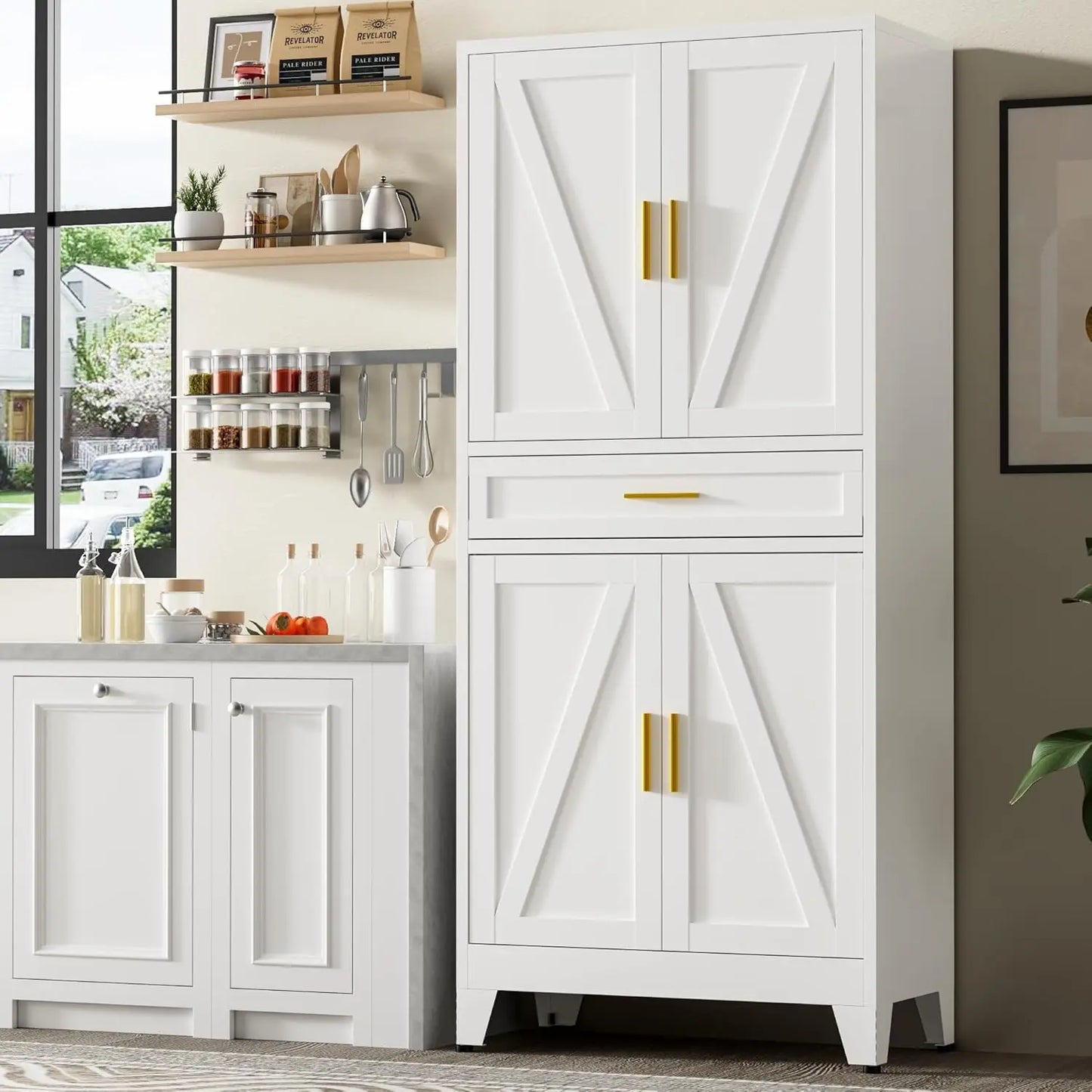 Farmhouse Metal Storage Cabinet With Drawers And Adjustable Shelves