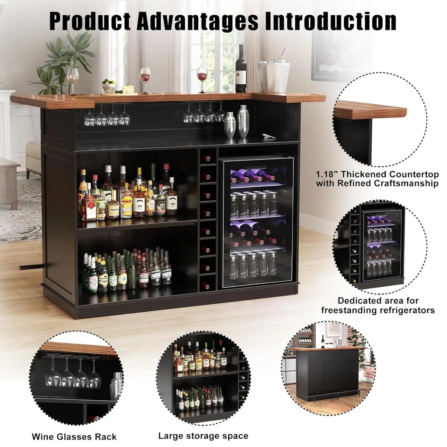U-Shape Home Bar Cabinet With Fridge Space For Living Room